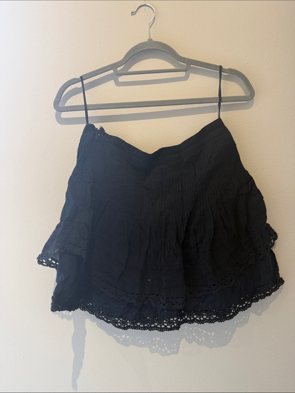 Free People Black Tiered Crochet-Trim Mini Skirt